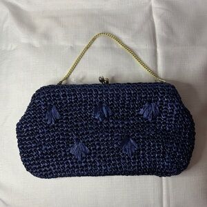 Navy Straw Clutch Bag with Kiss Lock and Gold Metal Strap NWOT